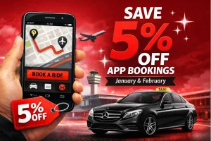 A flyer showing an app discount of 5%, a taxi and an airport
